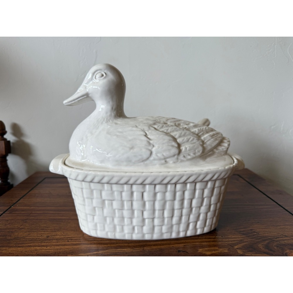 Vintage White Ceramic Duck Soup Tureen with Lid and Ladle Basketweave Base